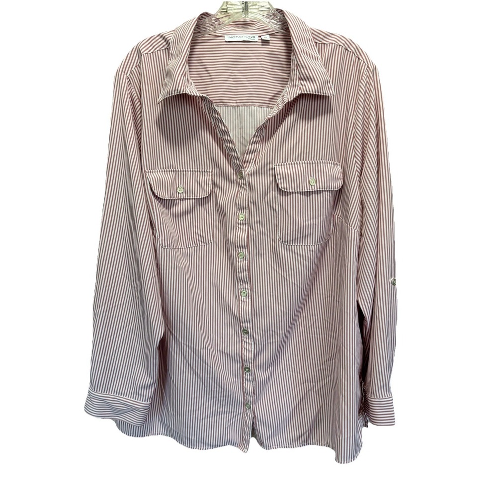 Notations Button Up Striped‎ Long Sleeve Chiffon Blouse Pocket Size 2XL Mauve/Wh